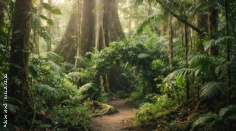 Fototapeta premium A sun-dappled jungle path winds through lush, verdant rainforest foliage with a massive tree in the background.
