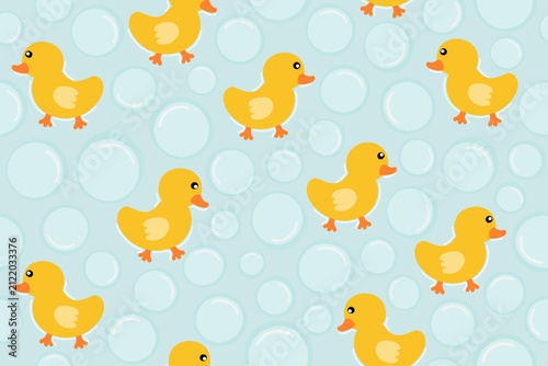 Cute Yellow Ducks and Bubbles Seamless Pattern