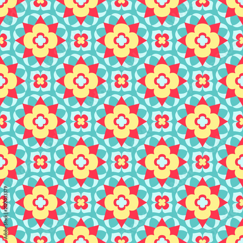 Vintage damask seamless floral pattern bold yellow and red flowers with turquoise geometric details.