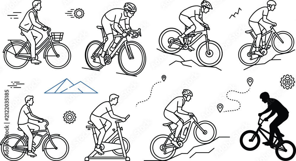 Fototapeta premium Bicycle Cyclist Mountain Bike and Stationary Exercise Cycle Line Icon Vector Design Set