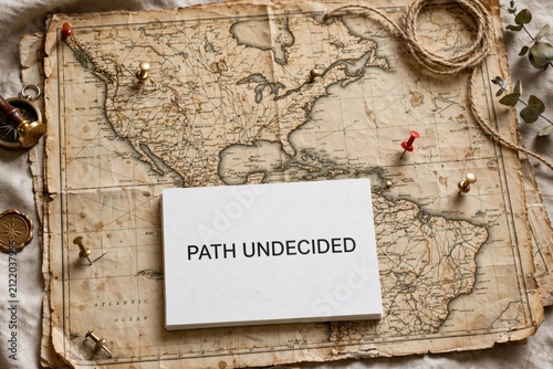 Vintage map with path undecided card and travel pins