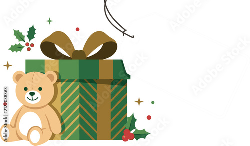 Vector cute Christmas teddy bear next to green gift box with blank price tag label mockup