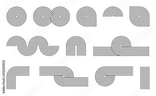 Abstract geometric monoline shapes set with continuous parallel line patterns minimalist vector collection