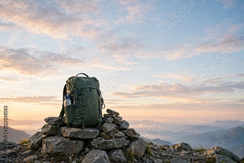 Backpack on Rocky Mountain Peak at Sunrise