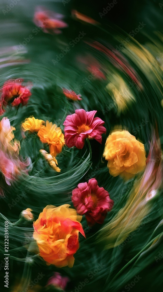 Obraz premium Vibrant swirl of red, yellow, and pink flowers on a green background mobile wallpaper.
