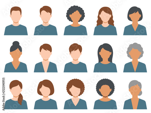 Diverse people avatar set. Flat vector icons of men and women with various hairstyles.