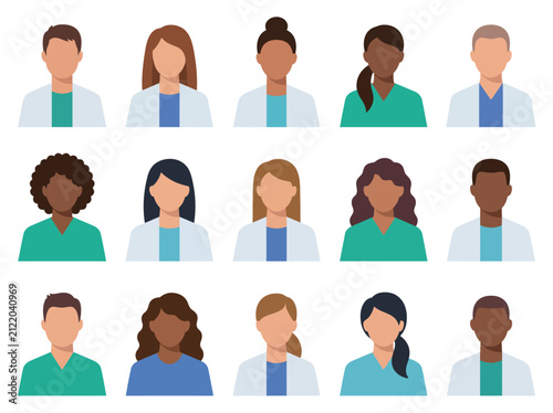 Diverse medical staff avatars. Set of professional doctor and nurse character icons.