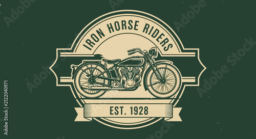 Motorcycle emblem displays a vintage cruiser bike design with bold typography and established date.