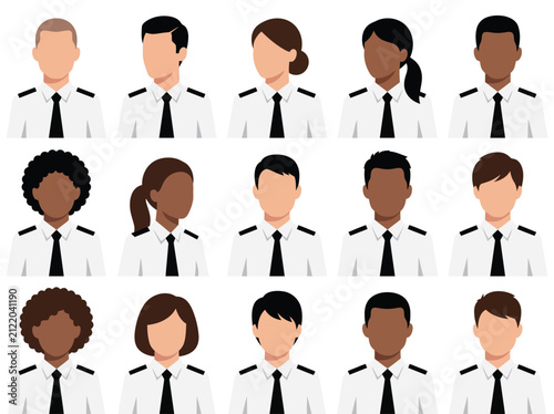 Diverse pilot avatar set. Professional airline crew members in uniform portraits.