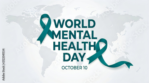 World mental health day concept design featuring teal awareness ribbons on a global map background for october tenth