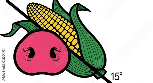 Graphic illustration of a corn cob and a pink pig snout at fifteen degrees