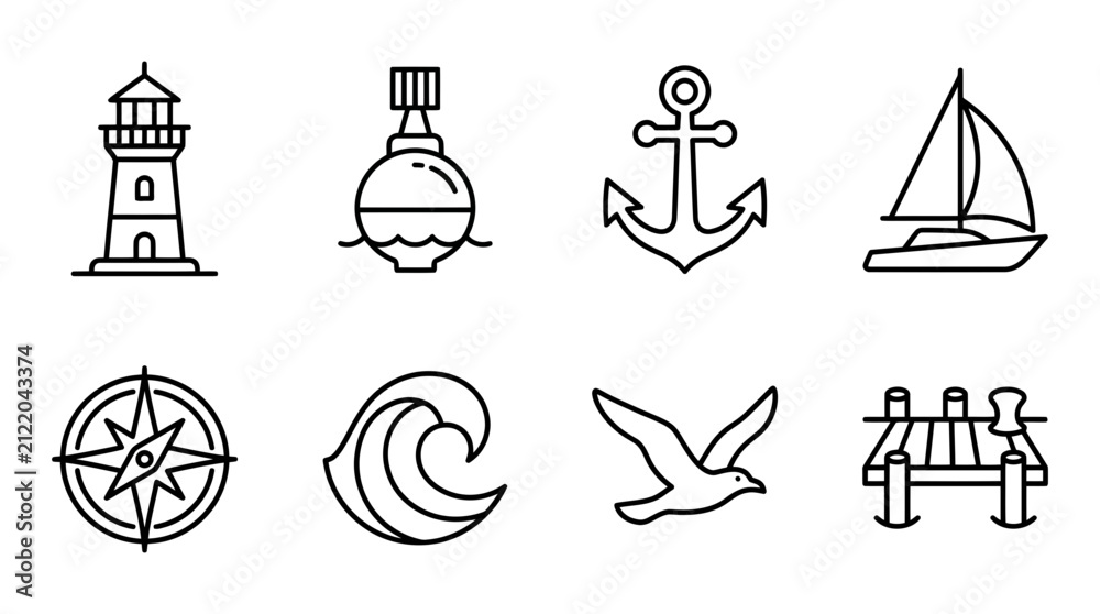 Fototapeta premium Nautical icons illustrate a collection of maritime symbols designed for clean graphic projects.