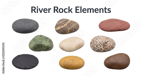 River rock elements collection set with smooth pebbles granite slate and jasper stones isolated on transparent background