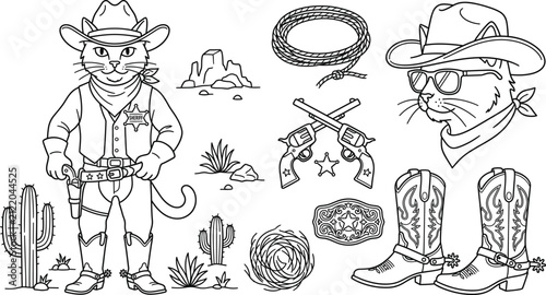 Canvas Print Cute Cowboy Cat Wild West Vector Set with Sheriff Character and Western Elements
