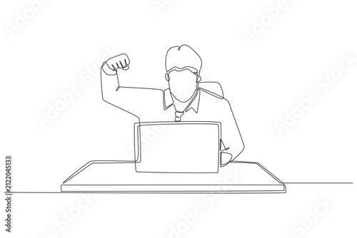 Картината върху платно A continuous line drawing of an angry human young man raising his fist while sitting behind a laptop desk, illustrating office frustration, rage, and workplace conflict in vector art style