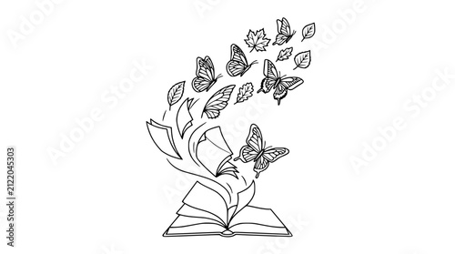 Creative Concept of Open Book with Butterflies and Leaves Flying Out