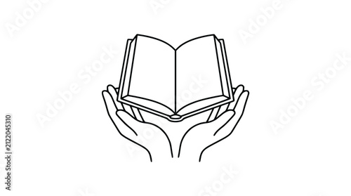 Minimalist Line Art Illustration of Human Hands Holding an Open Book of Knowledge