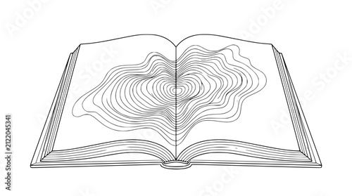 Minimalist hand drawn open book illustration with abstract topographic wave patterns