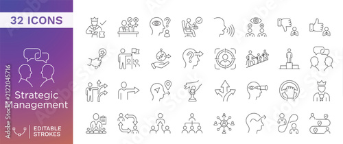 Strategic Management Icon Set with Editable Strokes, Featuring Business Leadership, Corporate Planning, Team Communication, and Decision Making Line Icons