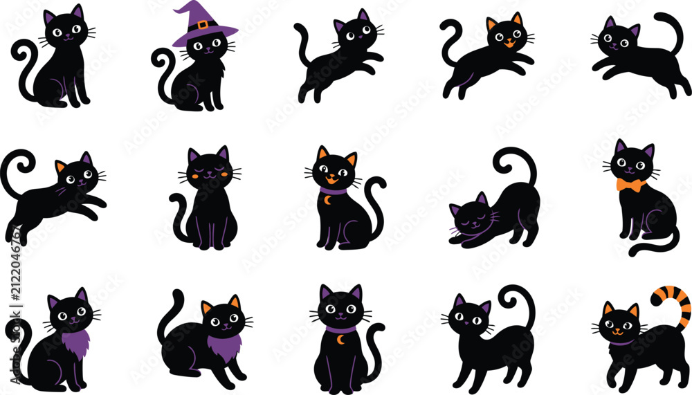 Obraz premium Black cats in playful Halloween vector poses isolated on transparent background, isolated on white background, Vector