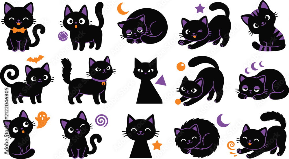Obraz premium Black cats in playful Halloween vector illustrations isolated on transparent background, isolated on white background, Vector