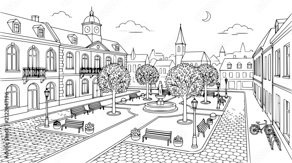 Fototapeta premium European Old Town Square Line Art with Fountain and Benches Illustration