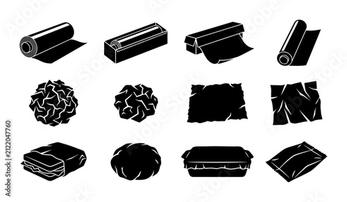 Plastic Wrap and Food Packaging Icons: Cling Film Rolls, Containers, and Crinkled Sheets Vector Set