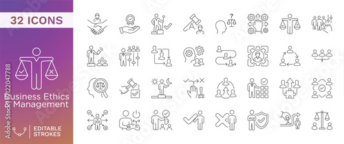 Business Strategy and Leadership Icon Set featuring 32 Editable Stroke Line Icons for Corporate Management, Strategic Planning, and Team Success