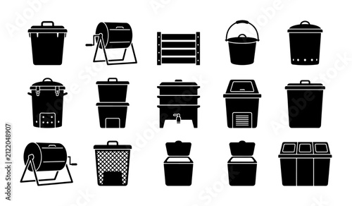 Foto Composting Bin Icons Set, Organic Waste Management Vector Graphics, Eco-Friendly