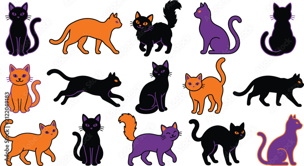 Fototapeta premium Cute cartoon cats in different colors and poses isolated on transparent background, isolated on white background, Vector