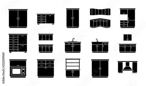 Bild auf Leinwand Modern Kitchen Cabinet Icons, Contemporary Furniture Vector Set, Kitchenette Des