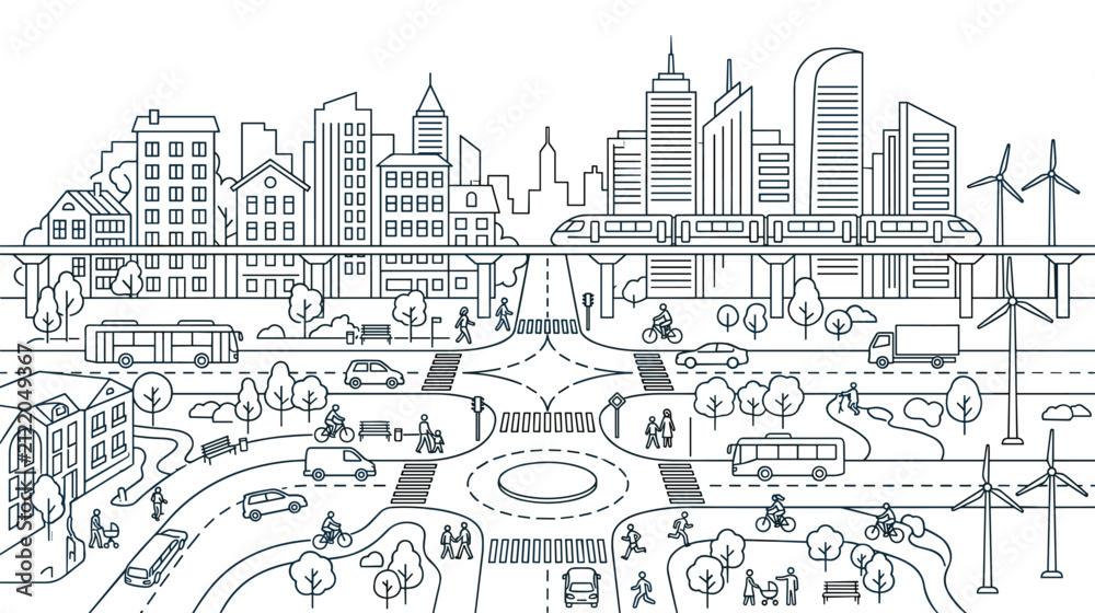 Fototapeta premium Smart city landscape with traffic and green energy line art graphics.