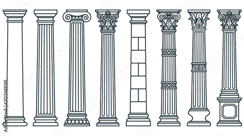 Cuadro en lienzo Classical greek and roman architectural columns set vector line art