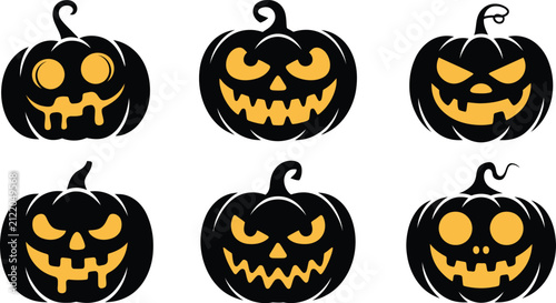 Foto Collection of six black halloween pumpkin silhouettes with glowing yellow eyes a