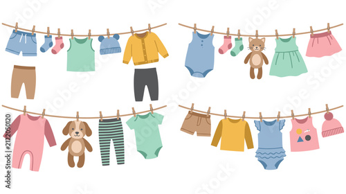Obraz na plátne Cute baby clothes and plush toys hanging on a laundry clothesline string