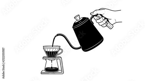 Photography Hand pouring hot water from gooseneck kettle for manual pour over coffee brewing