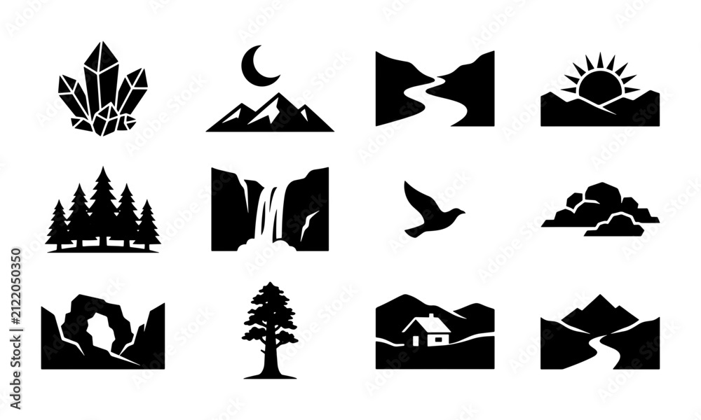 Fototapeta premium Nature Landscape Icons Set, Mountain River Waterfall Forest Icons, Crystal Moon Sun Bird Icons, Vector Graphics for Outdoor Adventure and Eco Themes