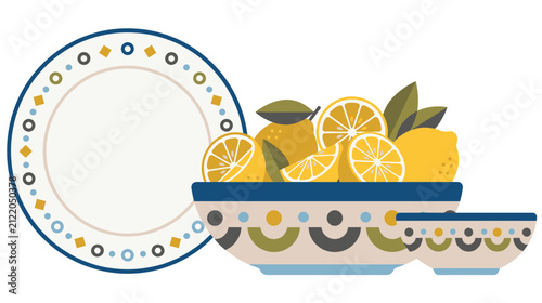 Obraz na płótnie Ceramic dinnerware and fresh lemon bowl set for kitchen decoration