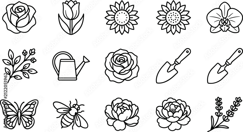 Obraz premium Outline Botanical Icons: Flowers, Plants, Garden Tools, Insects, Butterfly, Watering Can