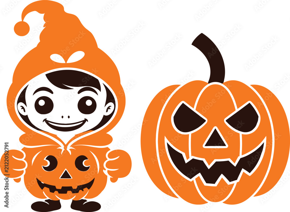 Obraz premium Cute Child Wearing Orange Halloween Pumpkin Costume Mascot alongside Spooky Jack-o-Lantern Vector Illustration for Festive Autumn Holiday Invitations, Party Decor, and Cards.