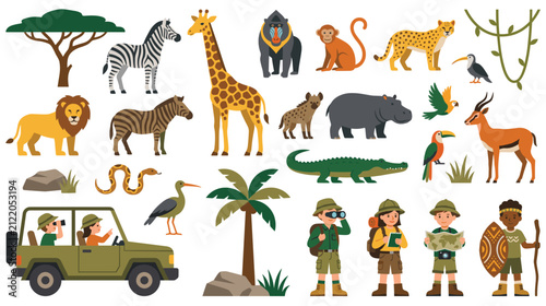 Canvas Print African safari animals and tourists in jeep with exotic plants.