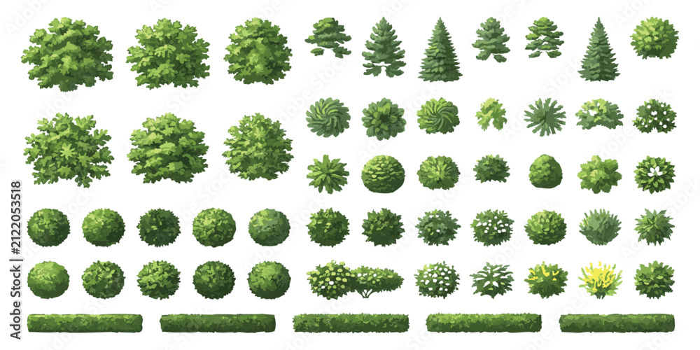 Obraz premium Top down view set of various green trees shrubs and bushes for architectural landscape garden design plans