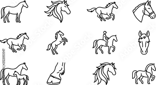 Horse Icons Collection: Outline Drawings of Equine Poses and Heads