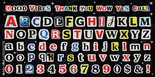 Alphabet and numbers set made from colorful magazine cutout letters in a ransom note style on black background