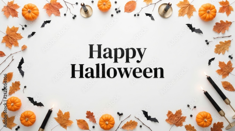 Fototapeta premium Happy Halloween Centered Text with Autumn Leaves and Pumpkins