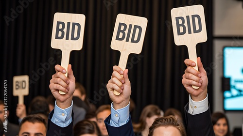 Business professionals raising bid paddles during live auction event