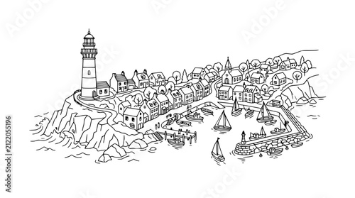 Hand Drawn Line Art Illustration of a Scenic Coastal Village with Lighthouse and Harbor