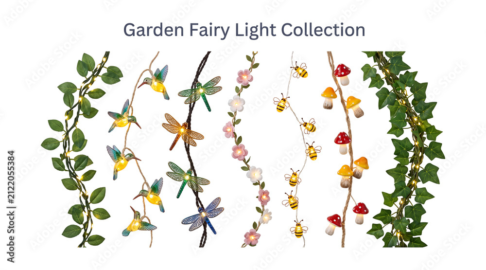 Obraz premium Garden fairy light collection featuring leaf garland string lights, insect bulb strands, and flower garden lamps isolated on transparent background