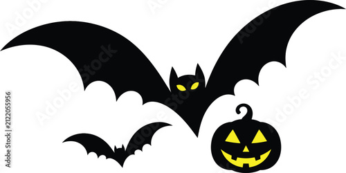 Obraz na płótnie Spooky Halloween Vector Illustration Featuring Black Bats with Glowing Yellow Eyes and a Carved Jack-o'-Lantern Pumpkin Silhouette Isolated on a Clean White Background for Party Decor