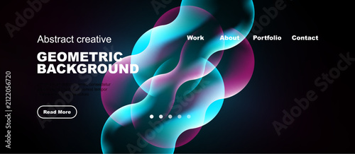 Modern website header design. Vibrant colors, fluid shapes, geometric elements create dynamic visual experience. Navigation menu present.